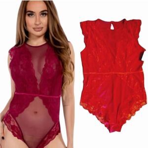 Just Sexy Barbados Cherry One Piece Lace Bodysuit Intimates Large NWT